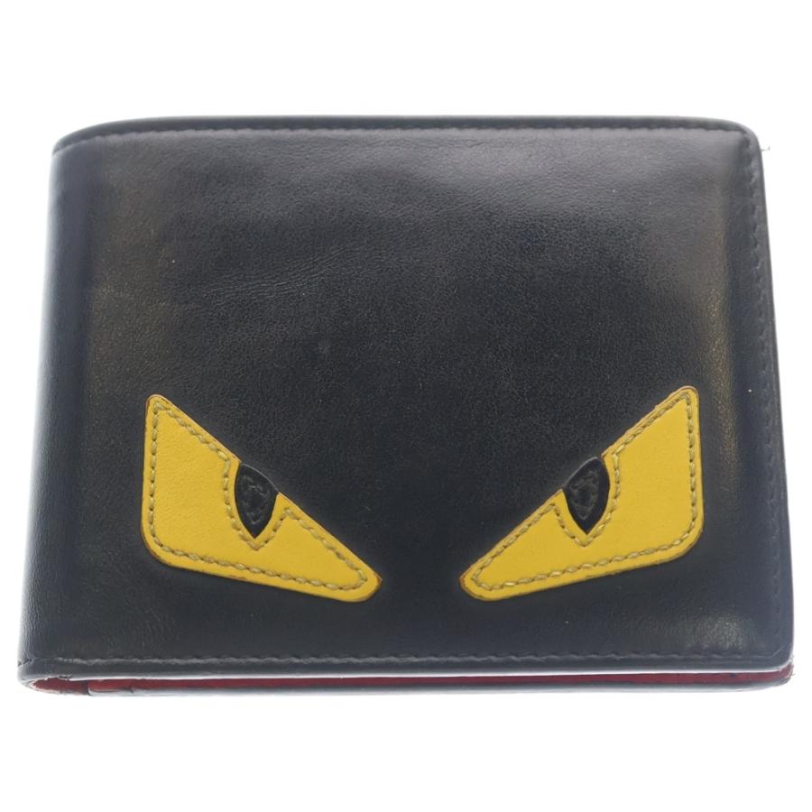 美品 FENDI モンスター 二つ折り財布 バグズアイ レザー フェンディ 黒 FENDI（フェンディ） モンスター バグズアイ レザーウォレット 2つ折り