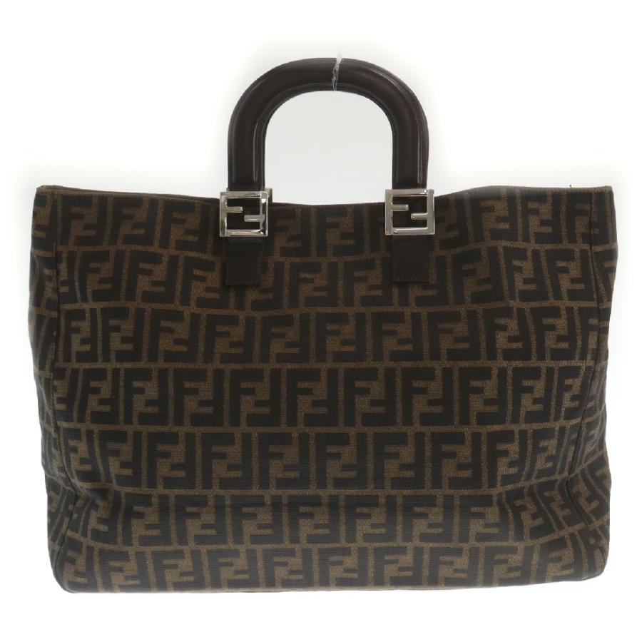 美品 FENDI フェンディ ハンド トートバッグ ズッカ FF金具 シルバー ナイロンキャンバス レザー 本革 茶 ブラウン カーキ ブラック 黒 FENDI - 極 美品 FENDI フェンディ ズッカ FF ロゴ 金具 柄 キャンバス