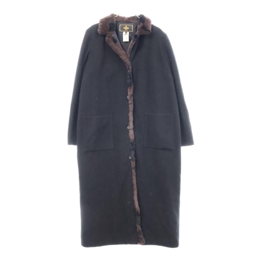 FENDI フェンディ カモ柄 ファーカラーラペル ロングコート ブラック 