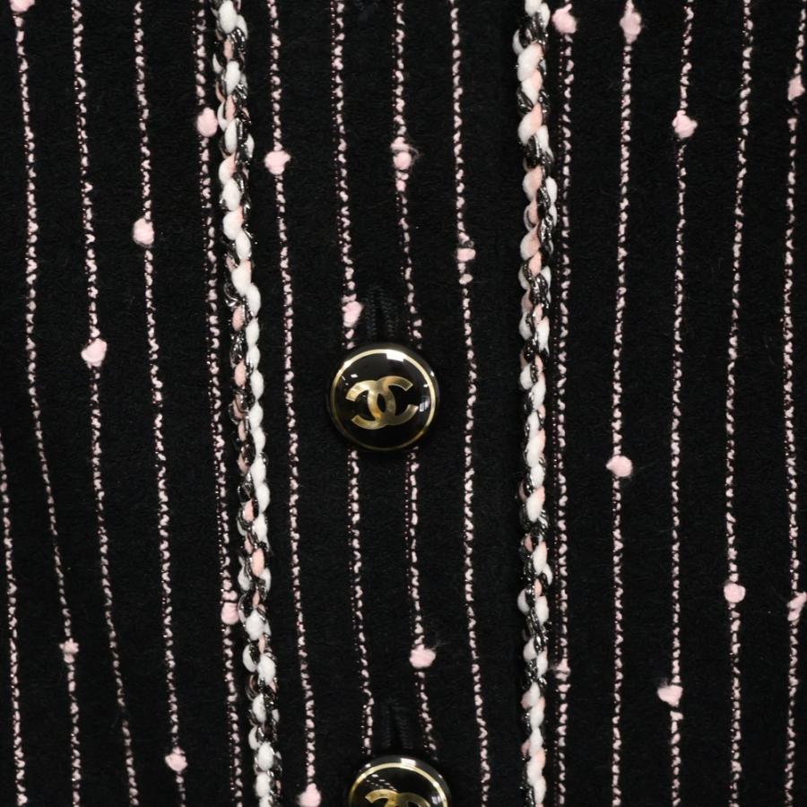 CHANEL シャネル ココマークボタン ストライプ ノーカラーツイードジャケット レディース ブラック/ピンク NM434の画像