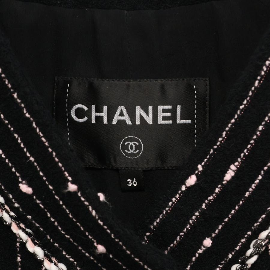 CHANEL シャネル ココマークボタン ストライプ ノーカラーツイードジャケット レディース ブラック/ピンク NM434の画像