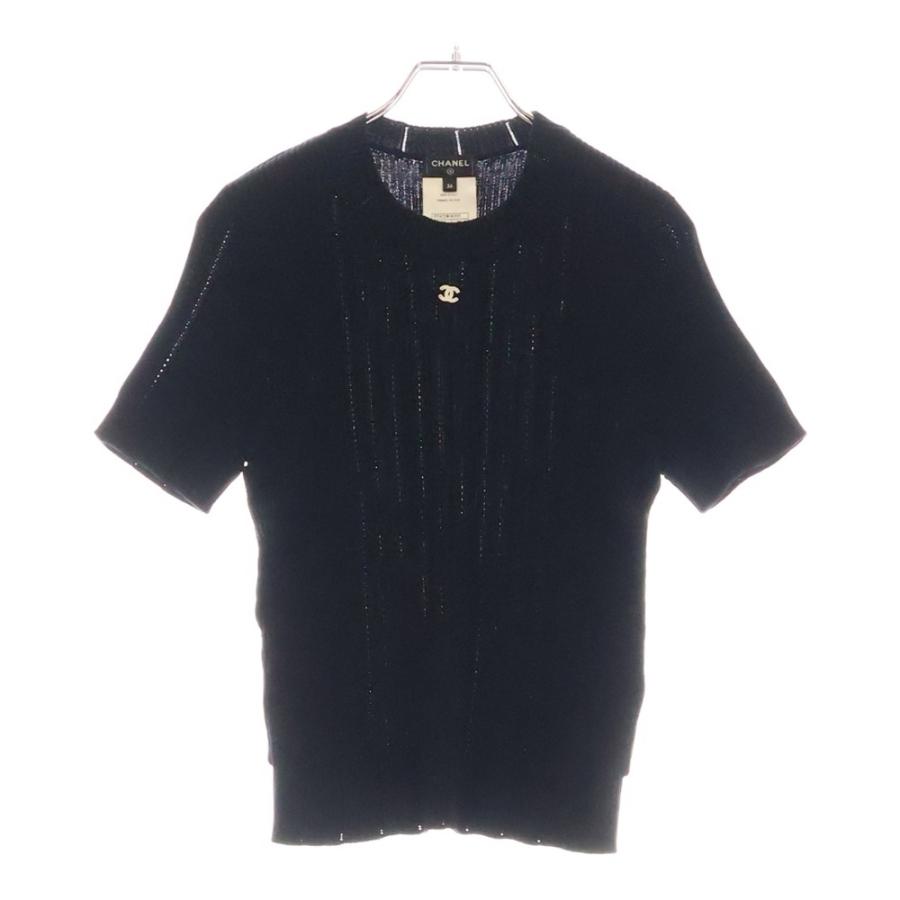 本物 極美品 ランウェイ シャネル COCO装飾 Vネック 半袖デザインニット CHANEL（シャネル） 23AW Short Sleeve Knit Shirt ココマーク 半袖