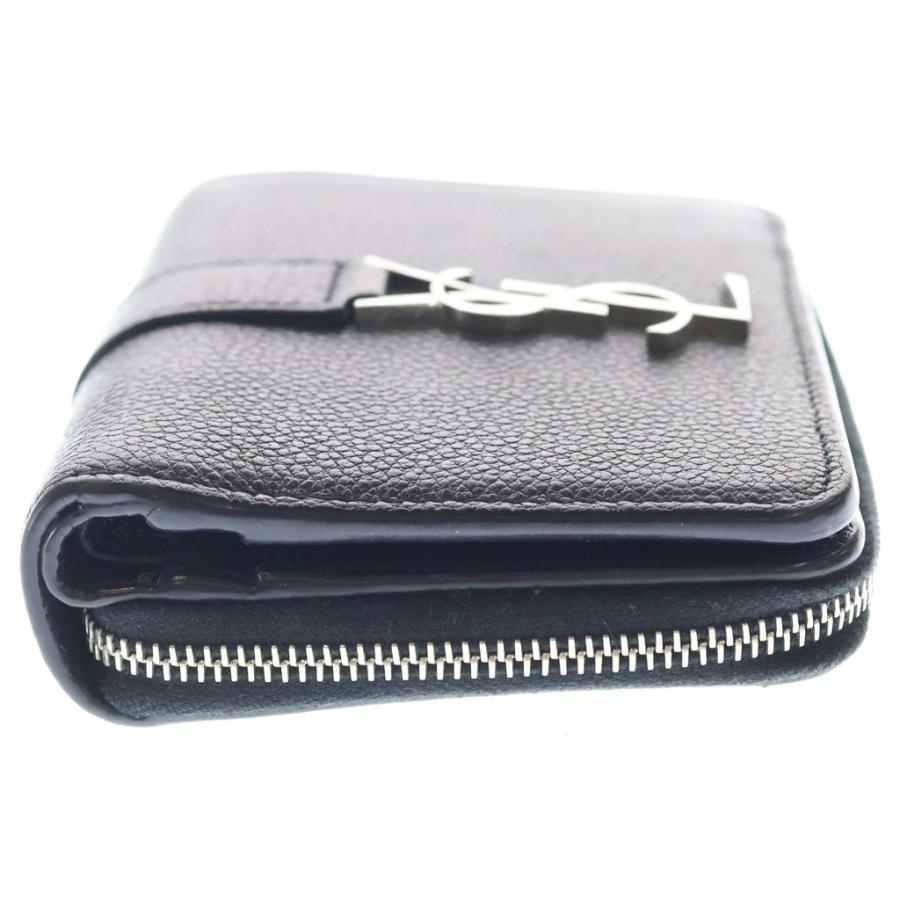 【美品】サンローランパリ 三つ折財布  シルバー金具 ブラック サンローランパリ YSLロゴ シルバー金具 レザー ジップウォレット