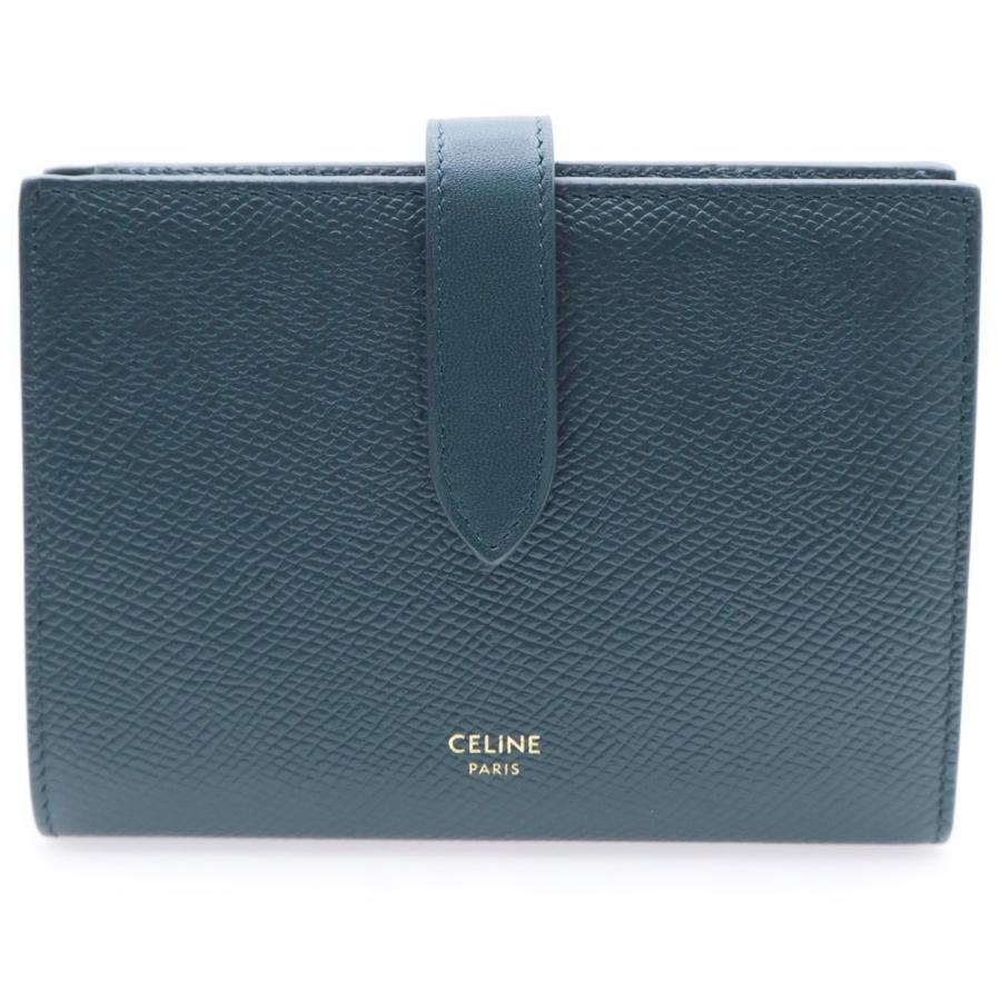 CELINE セリーヌ ストラップ ウォレット グリーン レザー 二つ折り財布 CELINE（セリーヌ） ストラップ ウォレット グリーン レザー 二つ折り