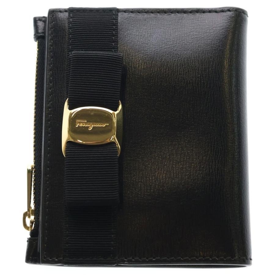 フェラガモ財布　ブラックレザーリボンケース FERRAGAMO フェラガモ ヴァラリボン ロゴ レザー 二つ折り財布