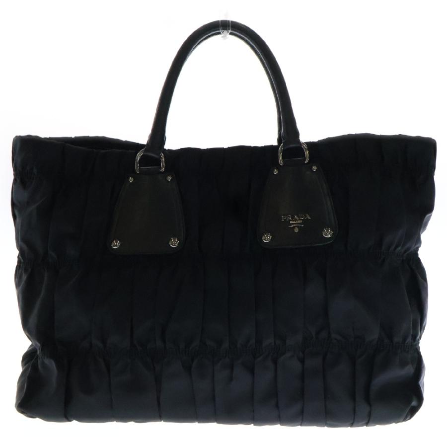 PRADA プラダ ギャザー トートバッグ ハンドバッグ 黒 ナイロン×レザー  
