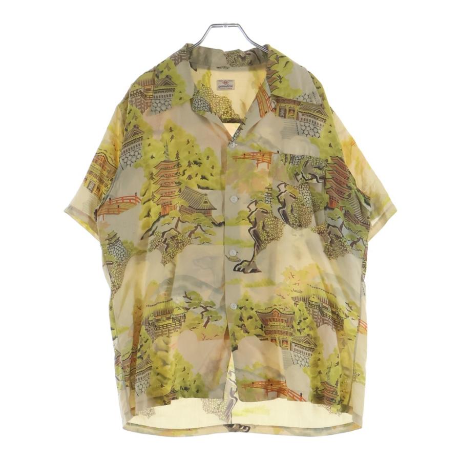 VINTAGE ヴィンテージ 50-60S GUMMA HOSEI ALOHA SHIRT 五重塔 和柄 シルク アロハシャツ ベージュ/イエロー/ブラウン VINTAGE ヴィンテージ 50-60S GUMMA HOSEI ALOHA SHIRT 五重塔 和柄
