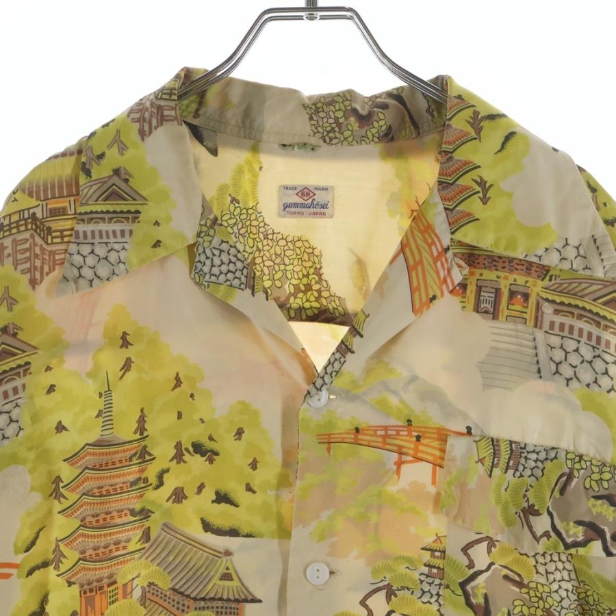 VINTAGE ヴィンテージ 50-60S GUMMA HOSEI ALOHA SHIRT 五重塔 和柄 シルク アロハシャツ ベージュ/イエロー/ブラウン VINTAGE ヴィンテージ 50-60S GUMMA HOSEI ALOHA SHIRT 五重塔 和柄