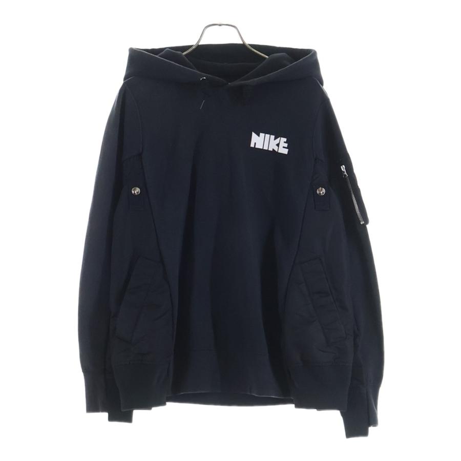 Sacai サカイ 20AW×NIKE Nsw Other Sports U Nrg Rh Hoodie ナイキ ロゴプリントナイロン切り替えプルオーバーパーカー ブラック S#CW2419 sacai（サカイ） 20AW×NIKE Nsw Other Sports U Nrg Rh Hoodie ナイキ