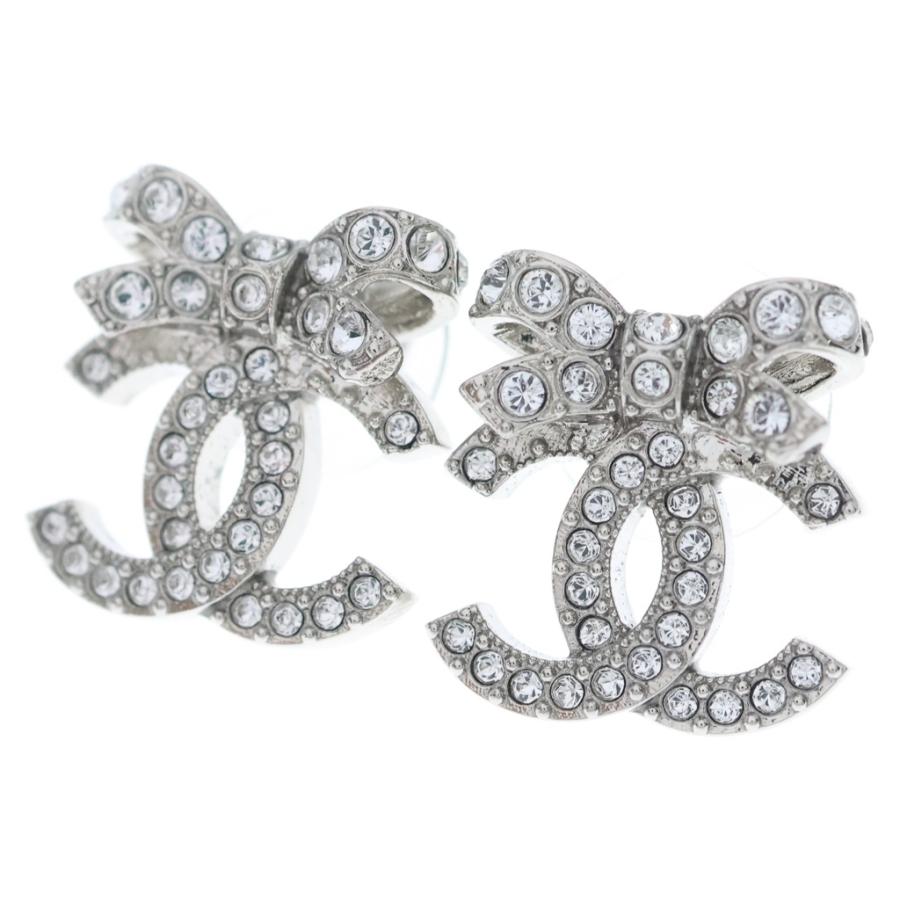 CHANEL（シャネル） ラインストーンココマークリボン ピアス シルバー