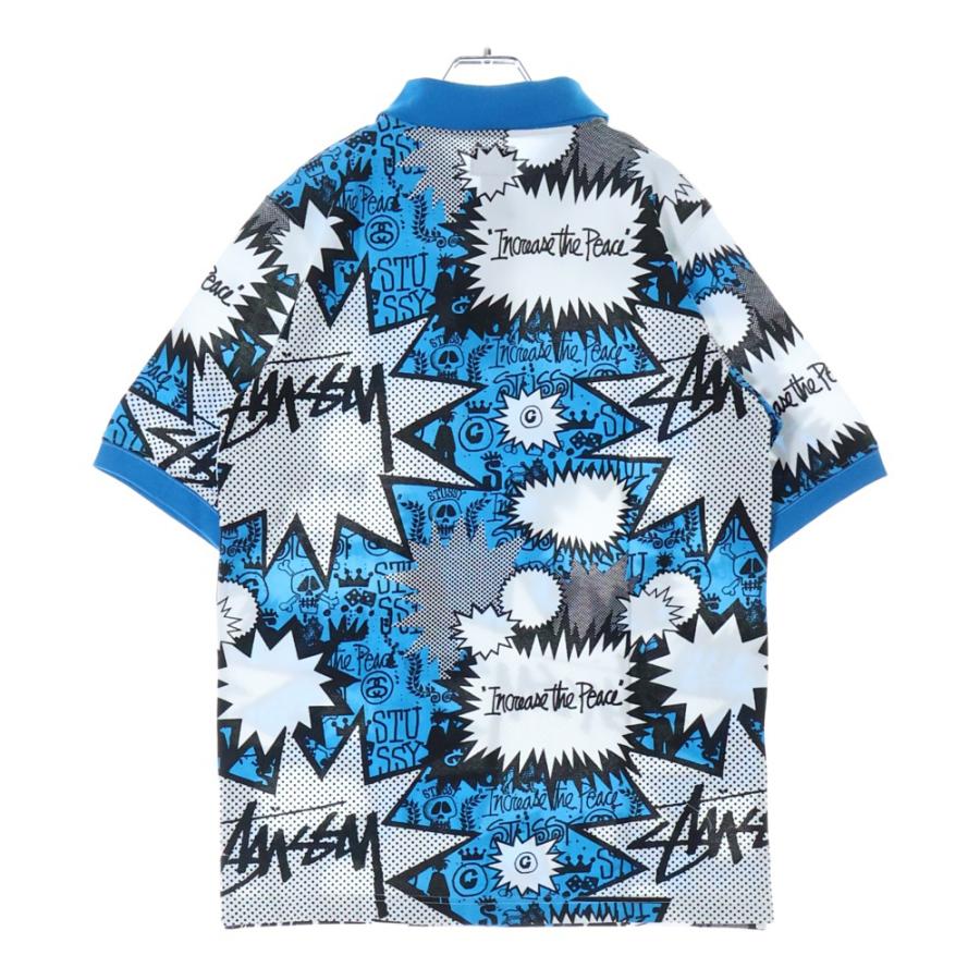 90’OLD STUSSYオールドステューシー半袖ポロシャツ　M STUSSY（ステューシー） POP SHOUT POLO 総柄 ポロ半袖シャツ ブルー
