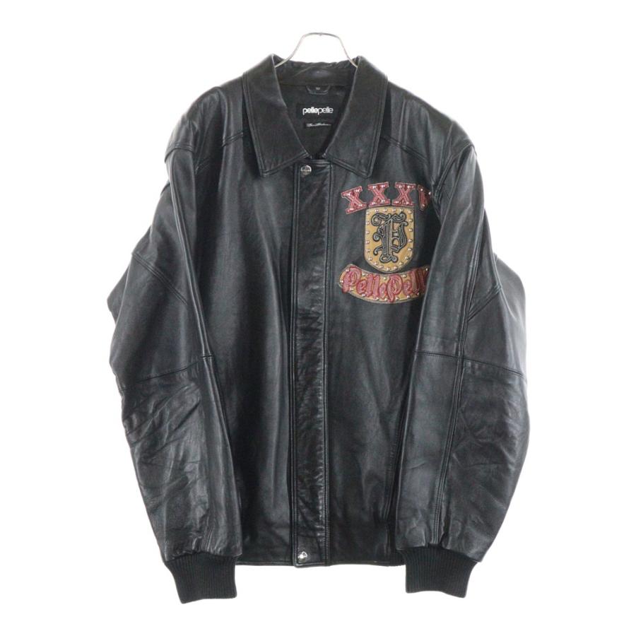 pelle ペレペレ スタッズロゴ レザーバーシティージャケット ブラック