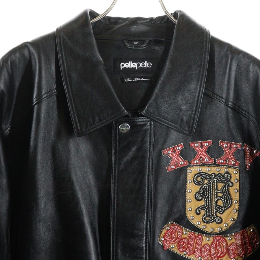 pelle ペレペレ スタッズロゴ レザーバーシティージャケット ブラック
