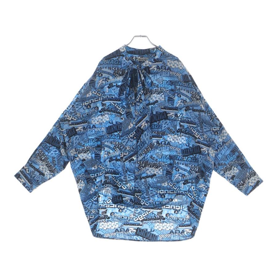 BALENCIAGA バレンシアガ 19SS 総柄 ネックリボンデザイン シルク 長袖シャツ ブルー 571280 BALENCIAGA（バレンシアガ） 19SS 総柄 ネックリボンデザイン シルク