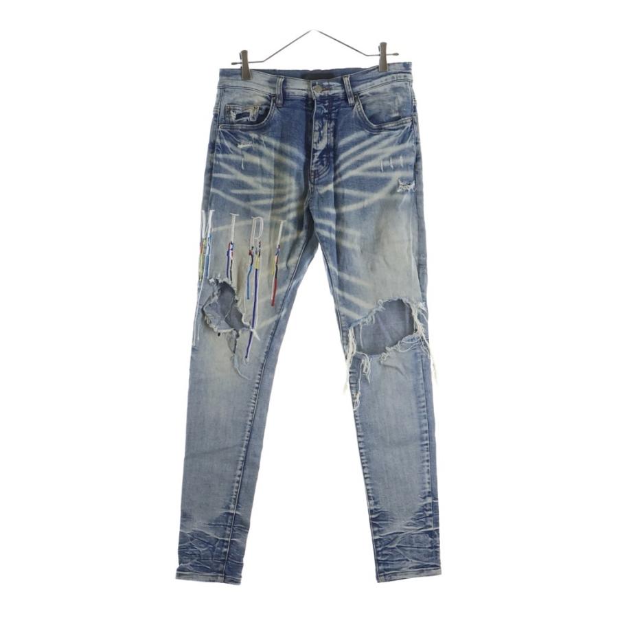 AMIRI スキニーデニム ダメージ加工 サイズ30 AMIRI（アミリ） ダメージ加工 ロゴペイント刺繍 ボタンフライ スリム