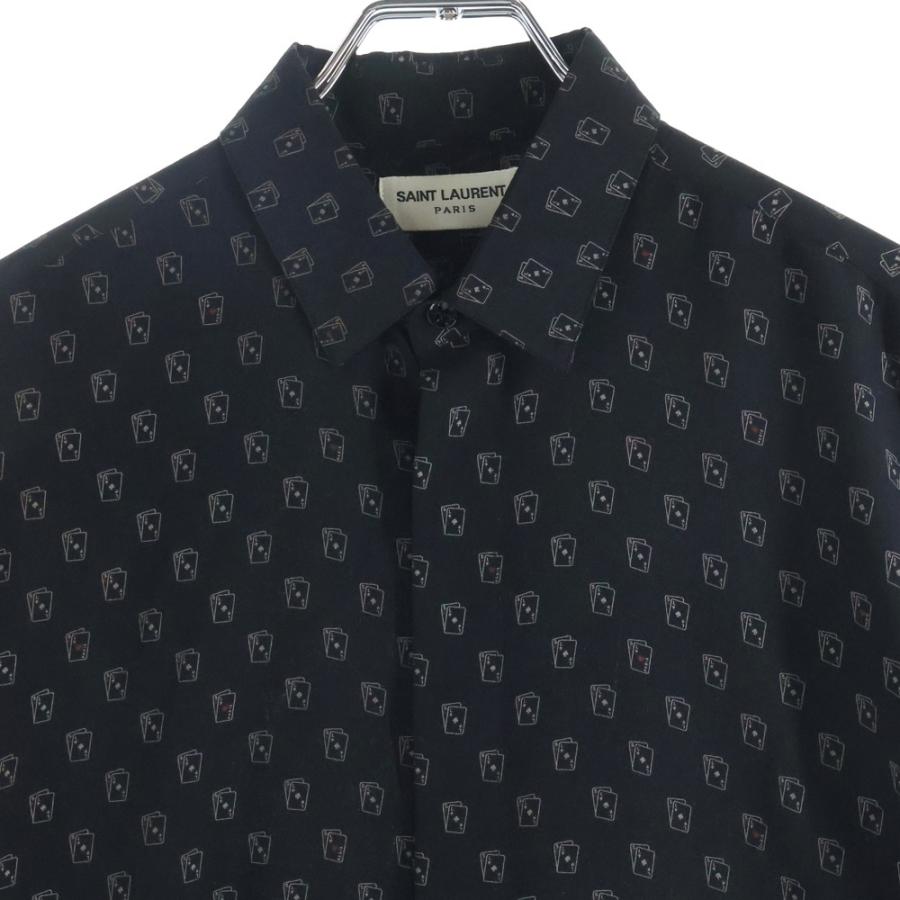 SAINT LAURENT PARIS サンローランパリ タイ付き 総柄プリント シルク 長袖シャツ ブラウス ブラック 708400 SAINT LAURENT PARIS サンローランパリ 18AW トランプ総柄 長袖シャツ