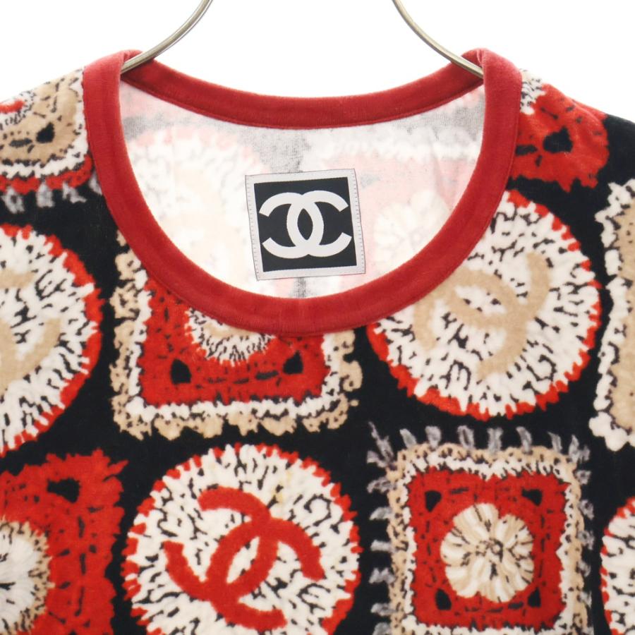 CHANEL シャネル ココマーク 総柄 ベロア クルーネック 半袖Tシャツ カットソー ブラック レディース CHANEL（シャネル） ココマーク 総柄 ベロア クルーネック 半袖Tシャツ