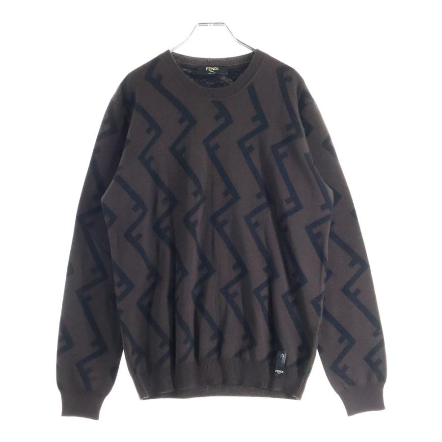 【美品】FENDI 長袖セーター ロゴパターン ブラウン・ブラック FENDI（フェンディ） FF柄クルーネックニット ブラウン FZZ489 A93S