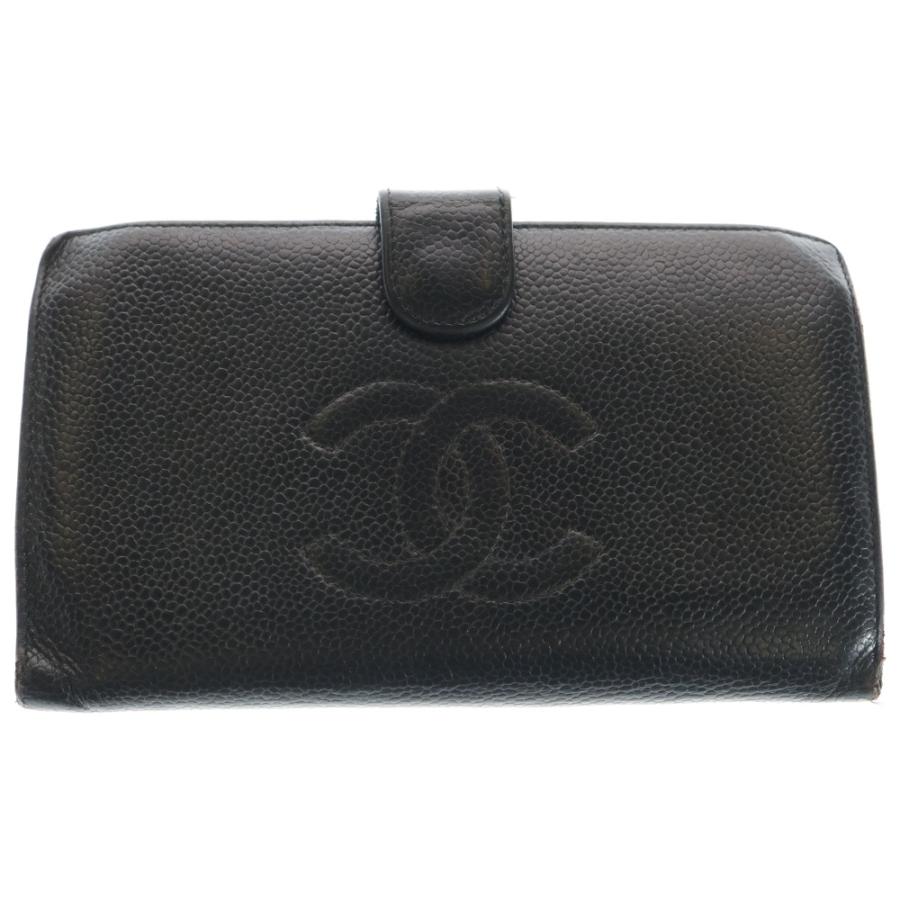 CHANEL（シャネル） キャビアスキン ココマーク がま口長財布 ブラック