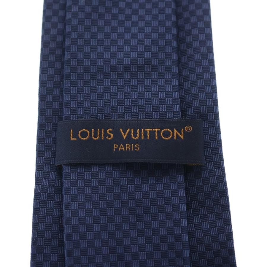 【新品同様】ルイヴィトン　ネクタイ　ネイビー　マイクロ　ダミエ　ストライプ LOUIS VUITTON（ルイ・ヴィトン） マイクロダミエ ロゴ刺繍 シルク
