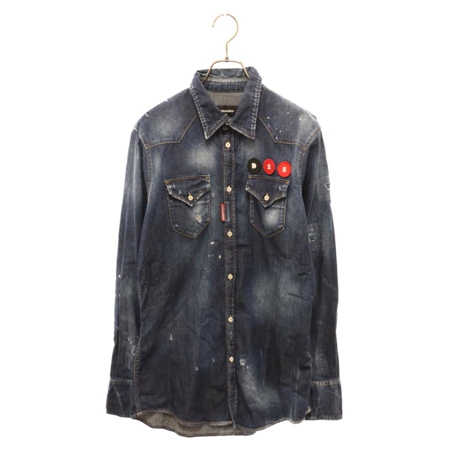 新品DSQUARED2 ディースクエアード　デニムシャツ　長袖ダメージ加工38 新品DSQUARED2 ディースクエアード デニムシャツ 長袖ダメージ加工38