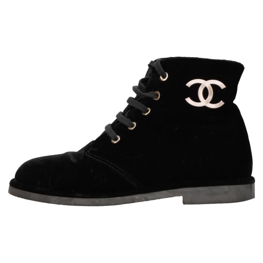 CHANEL シャネル ココマーク ベロア レースアップショートブーツ 