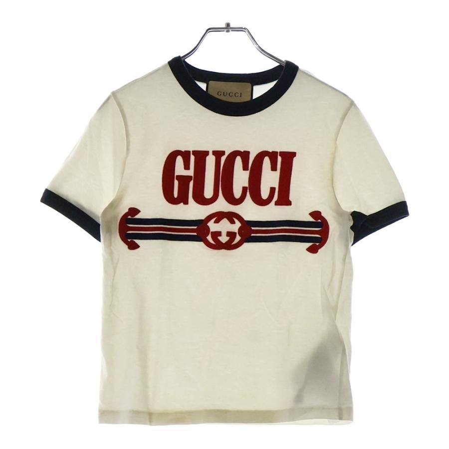 GUCCI ロゴ刺繍 半袖Tシャツ ホワイト L GUCCI（グッチ） ロゴ刺繍 クルーネック ショート半袖Tシャツ 723566