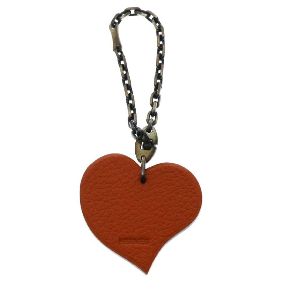 HERMES ハート型キーホルダー 赤 オレンジ HERMES（エルメス） ハート チャーム レッド×オレンジ レザー