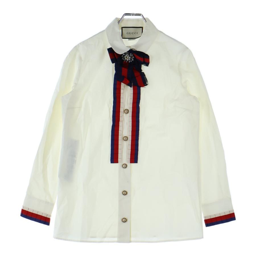 格安✨GUCCI ビジュー装飾 フリルブラウス 長袖 GUCCI（グッチ） ビジュー装飾 ウェブストライプリボン フリル GG