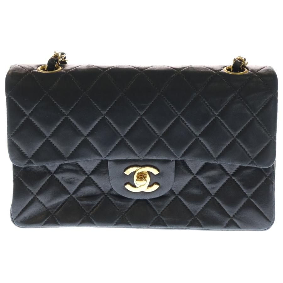 【美品】CHANEL ラムスキン フラップショルダーバッグ ブラック CHANEL（シャネル） マトラッセ2 Wフラップ Wチェーン ラムスキン