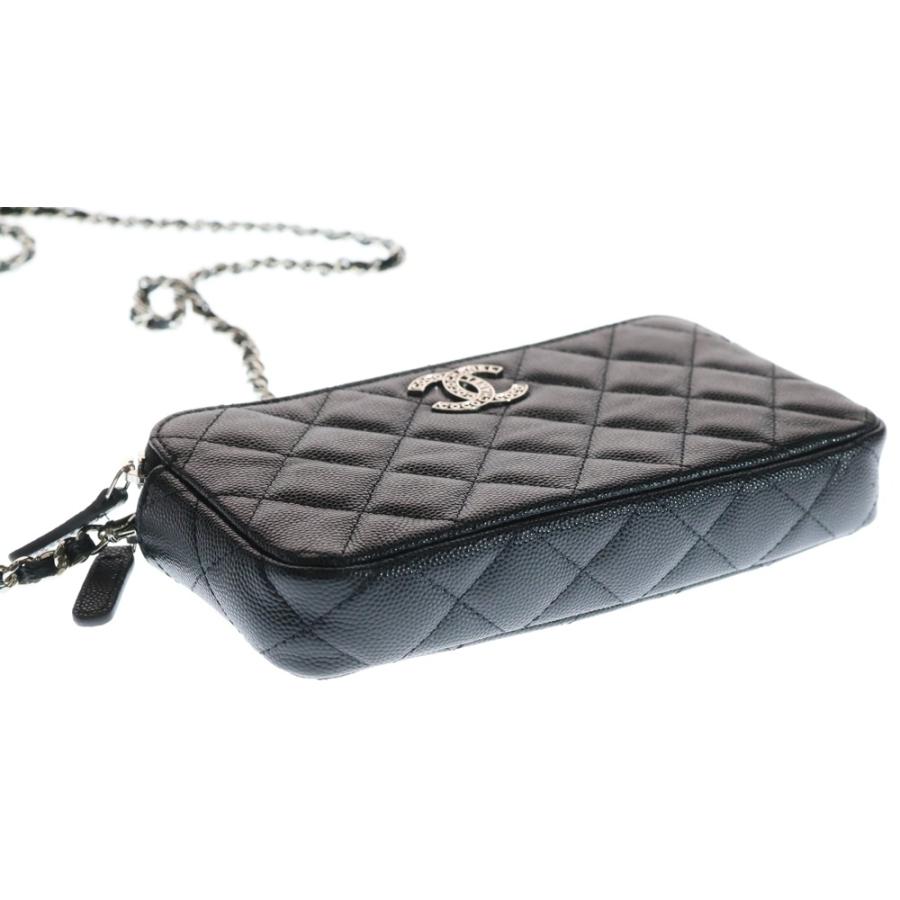 CHANEL シャネル マトラッセ キャビアスキン レザー ココマーク ロゴプレート チェーンショルダー バッグ ウォレット シルバー金具 ブラック AP3837 CHANEL（シャネル） マトラッセ キャビアスキン レザー ココマーク