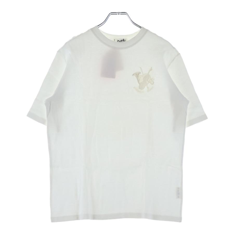 エルメス　ホワイト 半袖 Tシャツ 刺繍キャラクター HERMES（エルメス） ロゴ刺繍 クルーネック 半袖Tシャツ カットソー