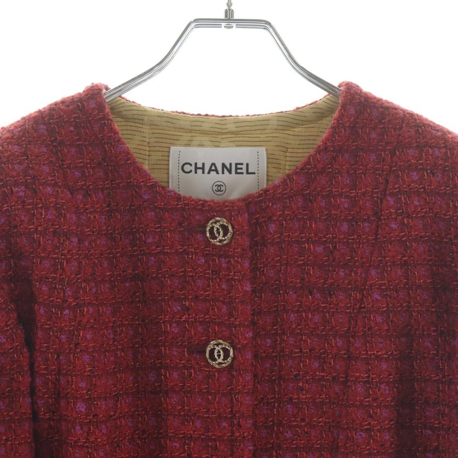 CHANEL ノーカラージャケット 38 CHANEL（シャネル） ノーカラー ジャケット レッド ツイード 38