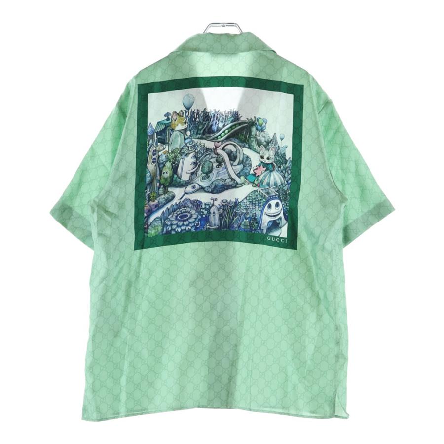 GUCCI グッチ ヒグチユウココラボ 総柄シルク半袖シャツ ライトグリーン #46 GUCCI（グッチ） ヒグチユウココラボ 総柄シルク半袖シャツ ライト