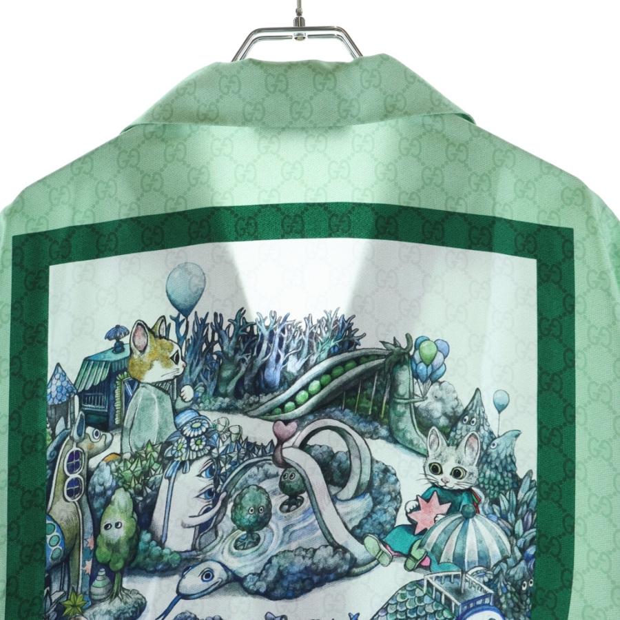 GUCCI グッチ ヒグチユウココラボ 総柄シルク半袖シャツ ライトグリーン #46 GUCCI（グッチ） ヒグチユウココラボ 総柄シルク半袖シャツ ライト