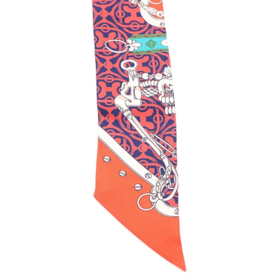 【HERMES】 エルメス ツイリー スカーフ レッド×ネイビー HERMES（エルメス） ツイリー 馬銜と鎖 シルクスカーフ レッド
