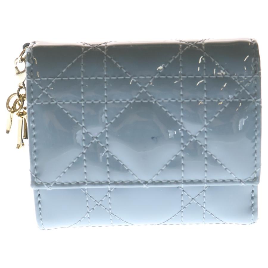 Christian Dior クリスチャンディオール カナージュ 三つ折り財布 コンパクトウォレット ケース ライトブルー パテントレザー ゴールド金具 Christian Dior（クリスチャン・ディオール） カナージュ 三つ折り財布