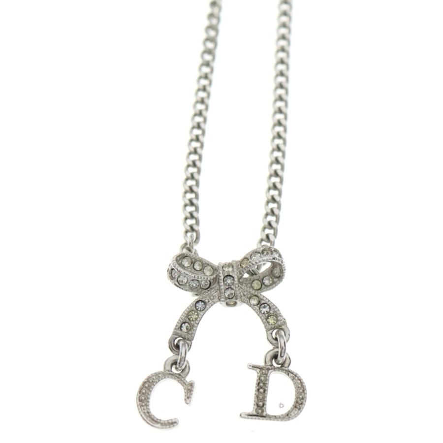 Christian Dior クリスチャンディオール リボンモチーフ CDロゴチャーム ネックレス シルバー