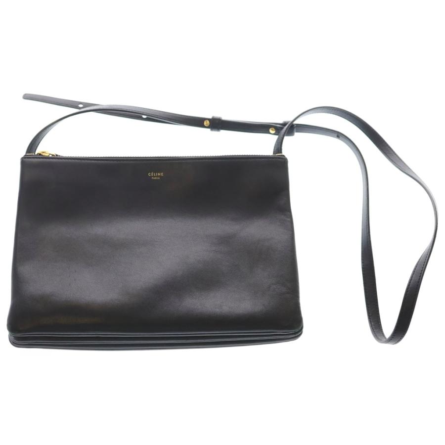 【美品】セリーヌ　ショルダーバッグ　トリオ　ゴールド金具　ブラック　レザー CELINE（セリーヌ） トリオ ショルダーバッグ ブラック レザー