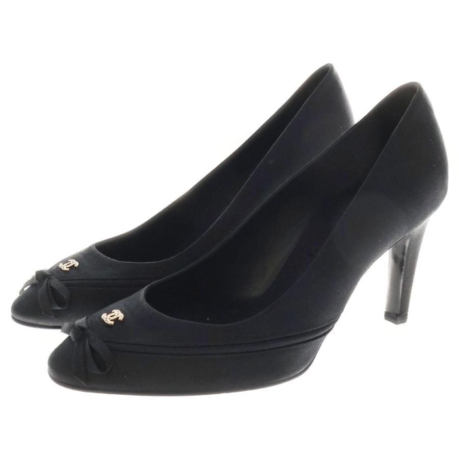 【CHANEL】シャネル❤️パンプス❣️リボン✨ココマーク・ブラック 37.5✨ CHANEL シャネル ココマーク パンプス ブラック サテン リボン