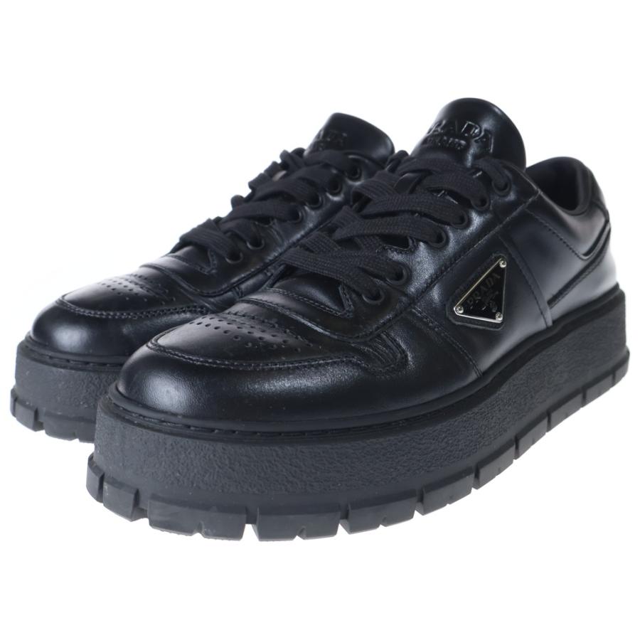 プラダ PRADA トライアングルロゴ キャンバススニーカー 37 黒 PRADA（プラダ） トライアングルロゴ レザースニーカー ブラック