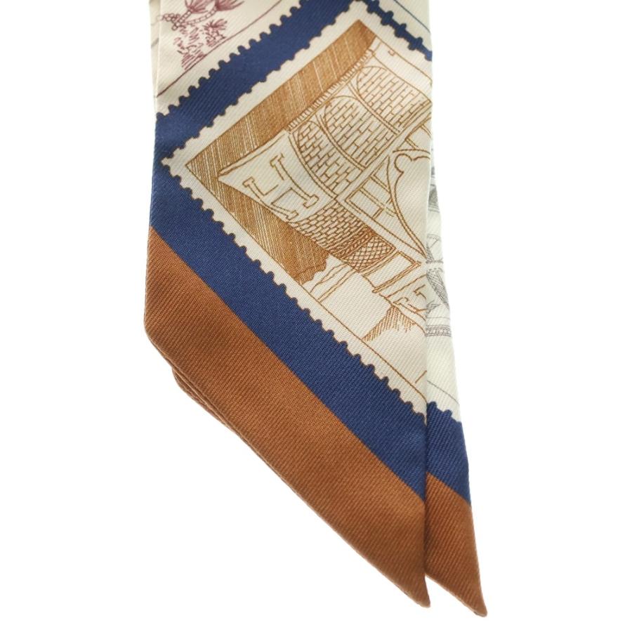 HERMES ツイリー 切手愛好家 ネイビー ブラウン HERMES（エルメス） ツイリー フォーブルの切手愛好家 シルクスカーフ