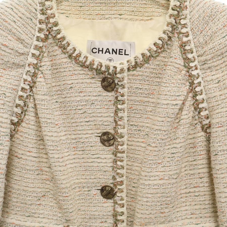 極美品　CHANEL シャネル　ツイード　ノーカラー ジャケット　ホワイト 極美品 CHANEL シャネル ツイード ノーカラー ジャケット ホワイト
