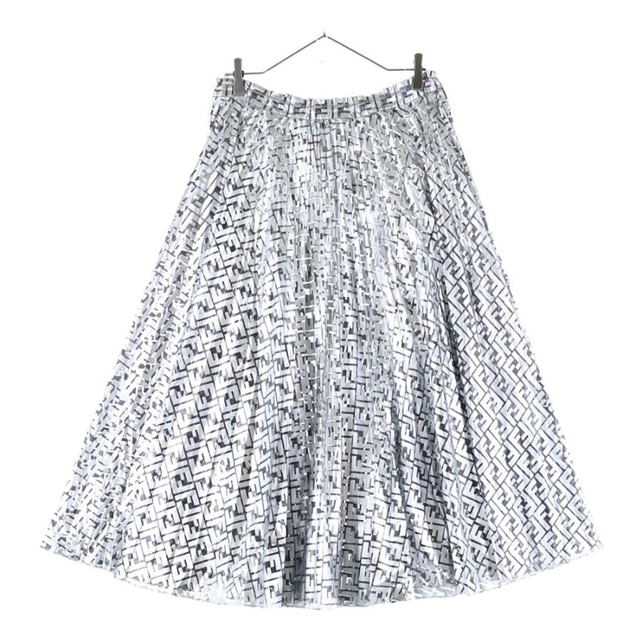 FENDI フェンディ ズッカ総柄プリント ホイル プリーツ ロング フレア スカート シルバー レディース FQ7121 A9FEの画像