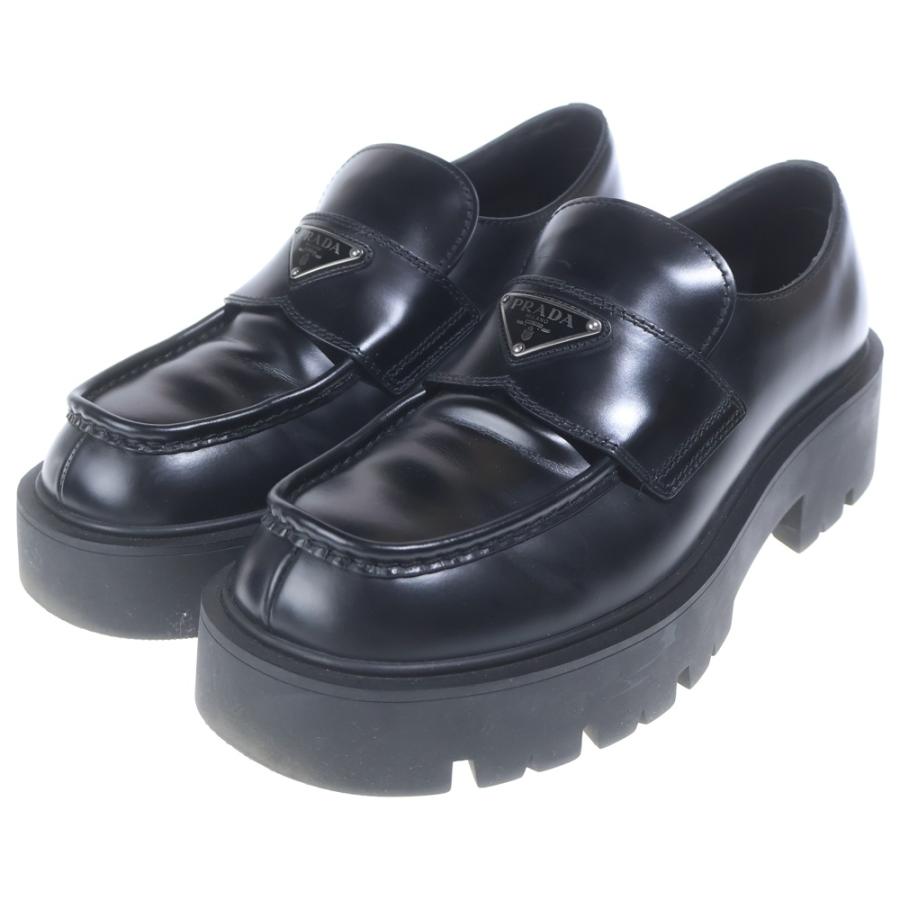 PRADA プラダ 三角プレート トライアングル ロゴ ブラッシュド レザー ローファー ブラック 2DG152 PRADA（プラダ） 三角プレート トライアングル ロゴ ブラッシュド