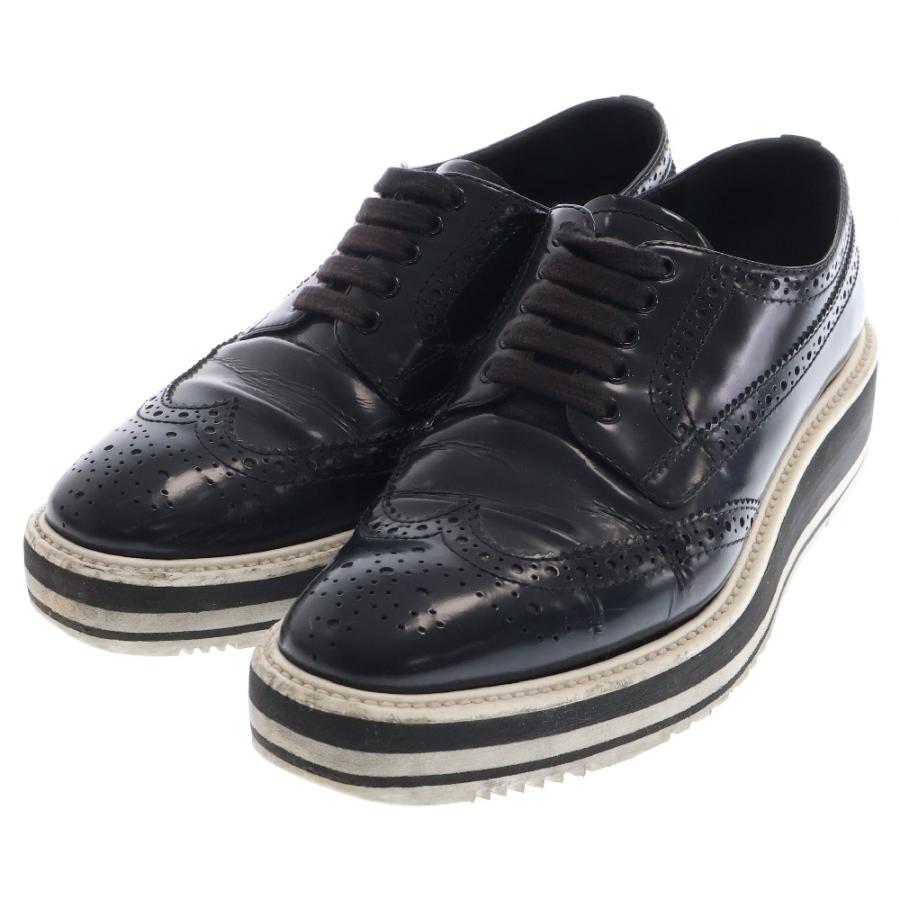 【美品】プラダ PRADA レザーウィングチップ シューズ 22.5-23㎝ PRADA（プラダ） ウイングチップ シューズ レザー ブラック レディース