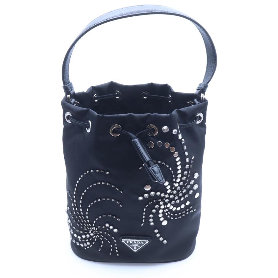 PRADA プラダ リナイロン トライアングルロゴ ラインストーンバケットバッグ 2WAYバッグ ショルダーバッグ ハンドバッグ ブラック ナイロン 1BE067 シルバー金具 PRADA（プラダ） リナイロン トライアングルロゴ ラインストーン