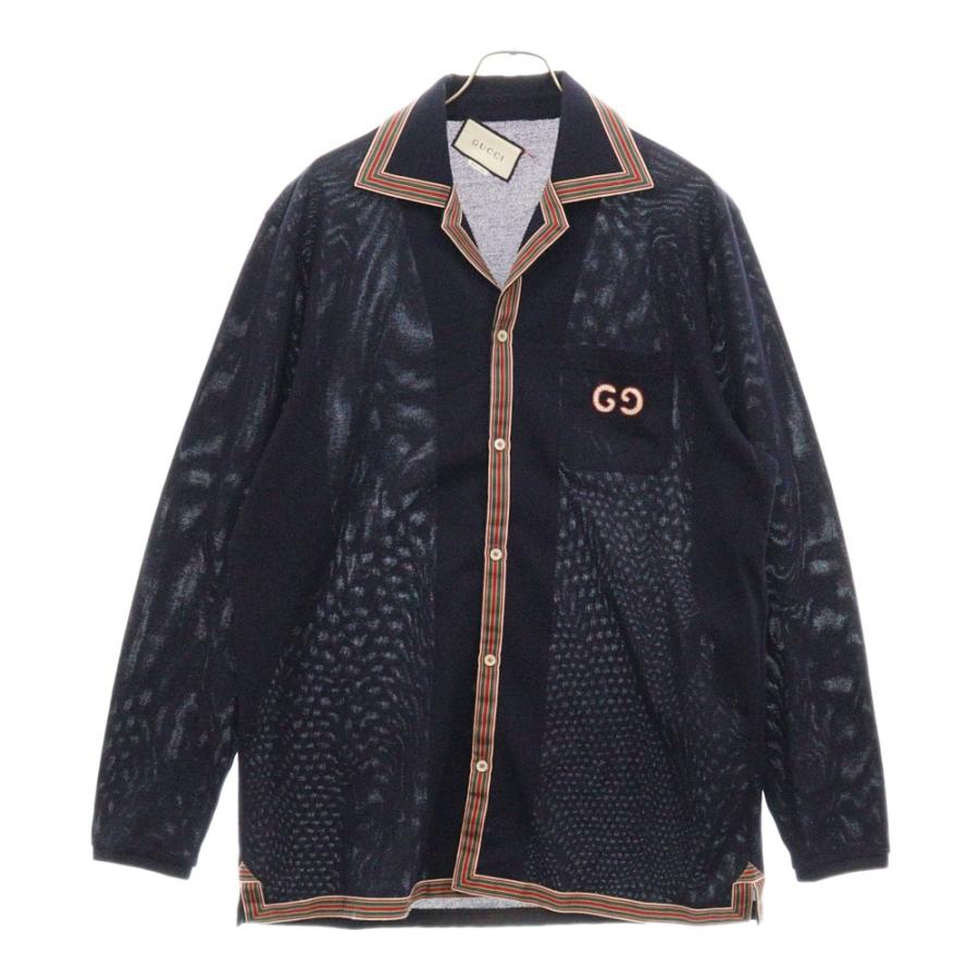 GUCCI グッチ 20SS GGロゴ 刺繍 鹿の子 長袖 シャツ ネイビー 574087 