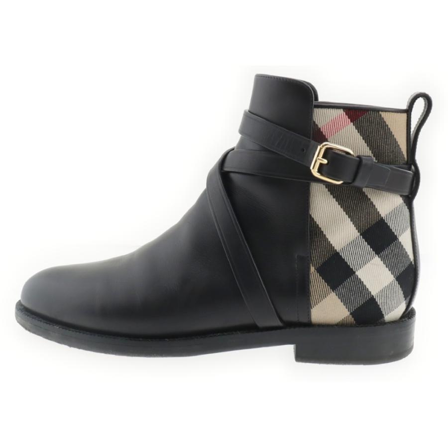BURBERRY バーバリー ノバハウスチェック レザー バルト アンクルブーツ ブラック BURBERRY（バーバリー） ノバハウスチェック レザー バルト アンクル