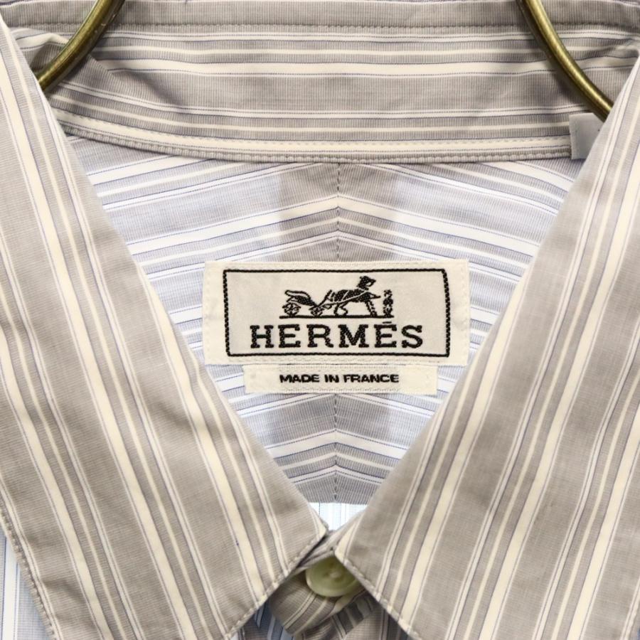 HERMES エルメス セリエボタン プリント ストライプシャツ グレー 